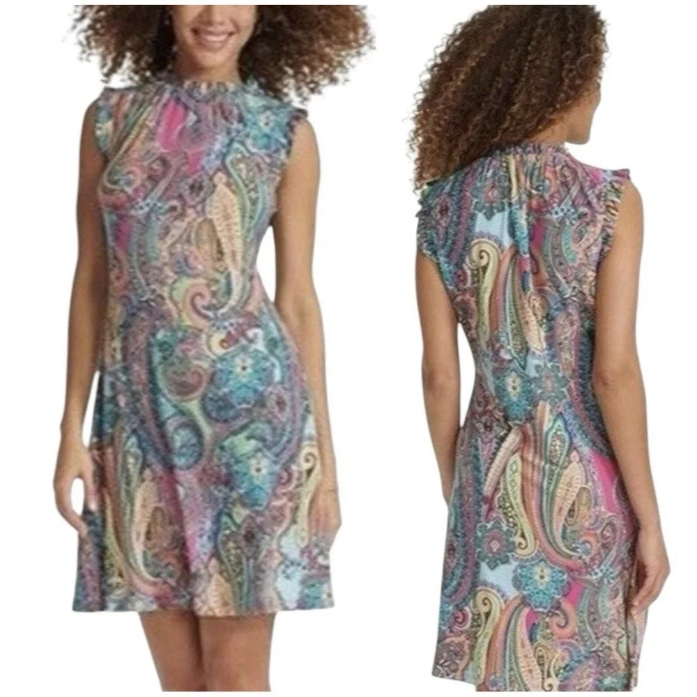 Tommy Hilfiger Paisley Print Mini Dress Sz 10 Ruffle Neckline Jersey Travel Knit